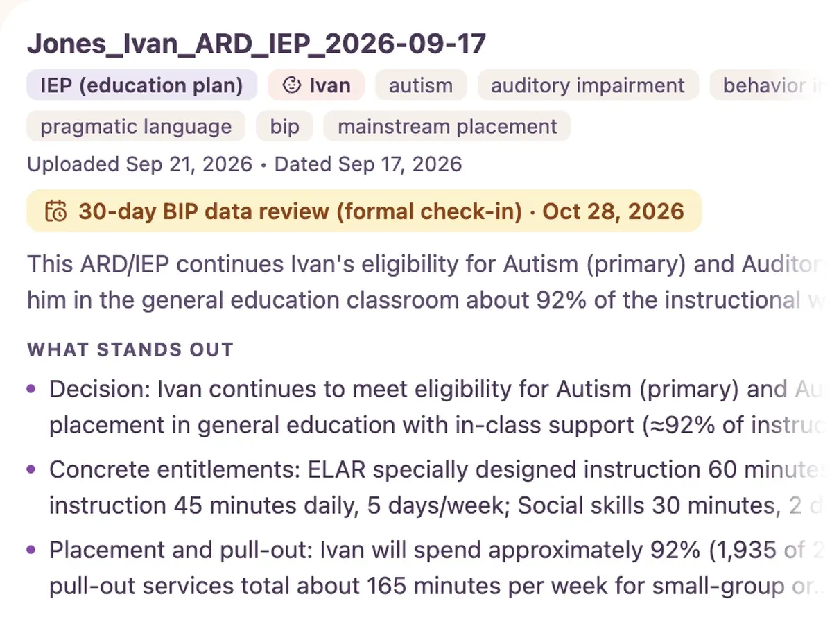 Screenshot of Document Intelligence summarizing an uploaded IEP in plain language, with an upcoming review date and the key points pulled out.