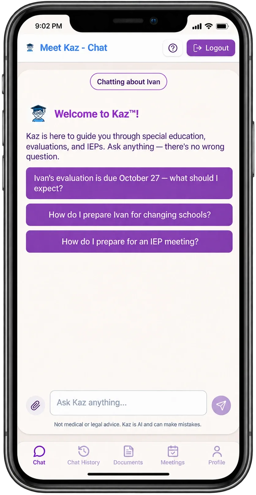 Phone screen at 9:02 p.m. showing Kaz’s chat welcome for a parent, with suggested questions about Ivan’s October 27 evaluation, changing schools and preparing for an IEP meeting.