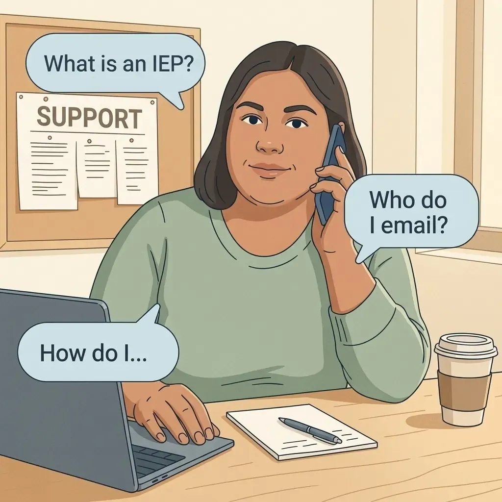 An advocate at her desk on the phone, surrounded by parent questions like “What is an IEP?” and “Who do I email?”